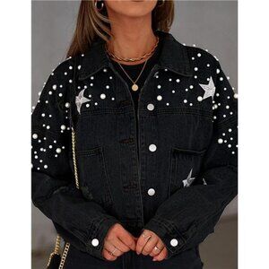 Black‎ Embroidered Oversized Distressed Pearl Beaded Crop Denim Jean Jacket Coat